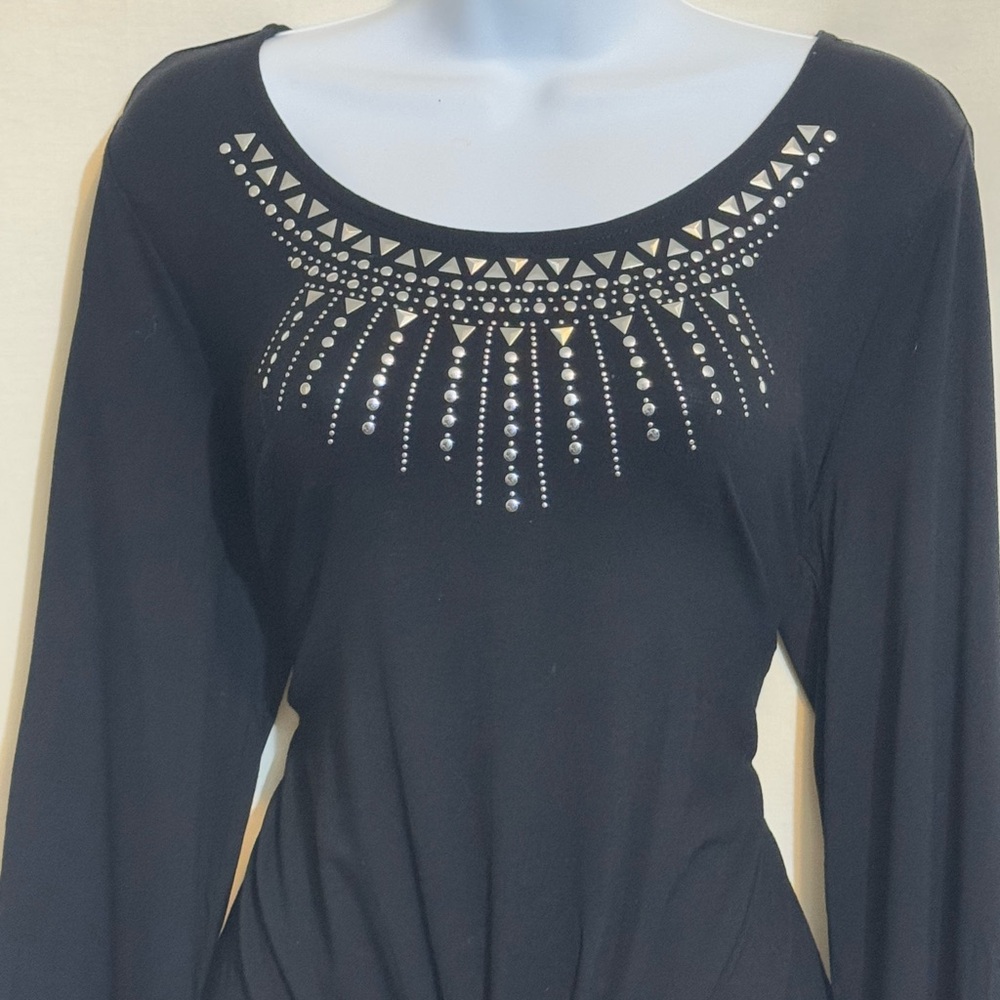 H-161 JM Collection Black Embellished Tie Front Long Sleeve Pullover Blouse - Picture 4 of 14